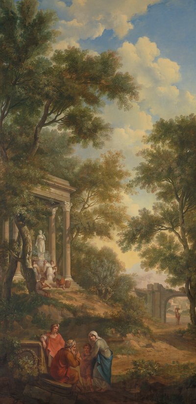 Arcadisch landschap met links een tempel en op de voorgrond een zittende oude man door Jurriaan Andriessen