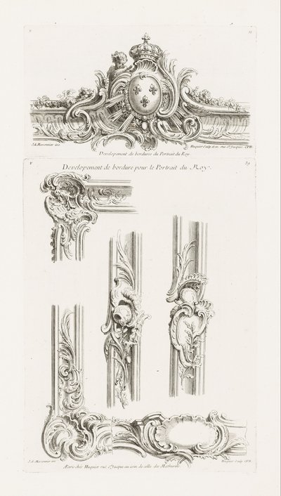 Ontwerp van cartouche met de wapens van de koning gecentreerd in een rand door Juste Aurèle Meissonnier