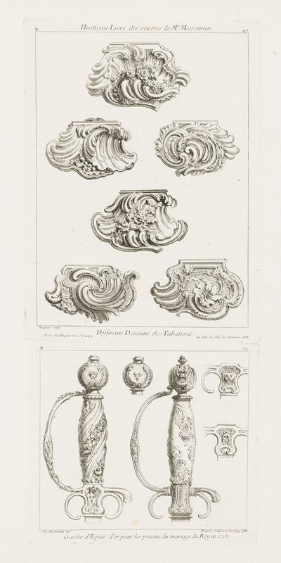 Differents Desseins de Tabatières, première planche, p. 49 in Oeuvre door Juste Aurèle Meissonnier