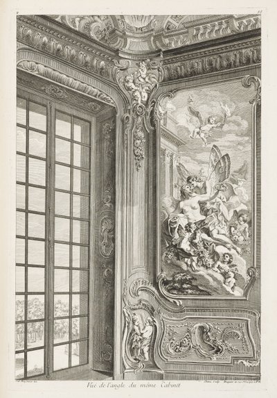 Hoekaanzicht van hetzelfde kabinet; Hoekaanzicht van hetzelfde kabinet, met links een groot raam en rechts het schilderij van Zephyr en Flora, 2e plaat door Juste Aurèle Meissonnier