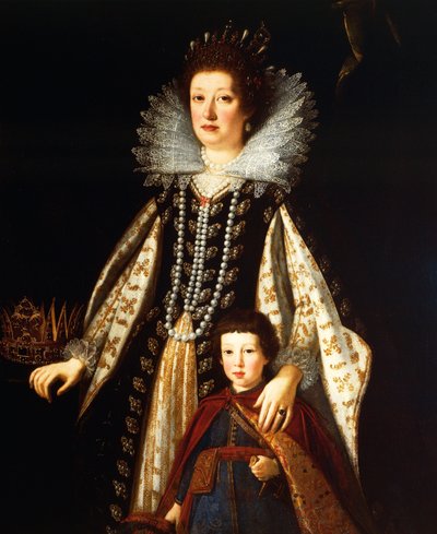 Portret van Aartshertogin Maria Maddalena van Oostenrijk met haar zoon Ferdinand II door Justus Sustermans