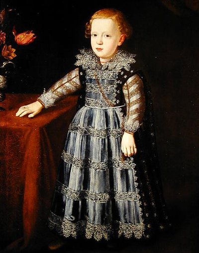 Portret van een kind dat bij een tafel staat door Justus Sustermans
