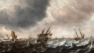 Schepen in woelige zee met een walvis op de voorgrond door Justus de Verwer