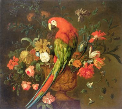 Scarlet Macaw op een gebeeldhouwde urn met bloemen door Justus van Huysum