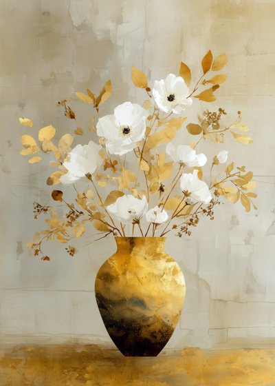 Witte bloemen in een gouden vaas door Justyna Jaszke