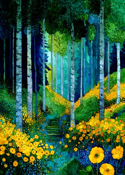 Pad door het bos met gele bloemen door Justyna Jaszke