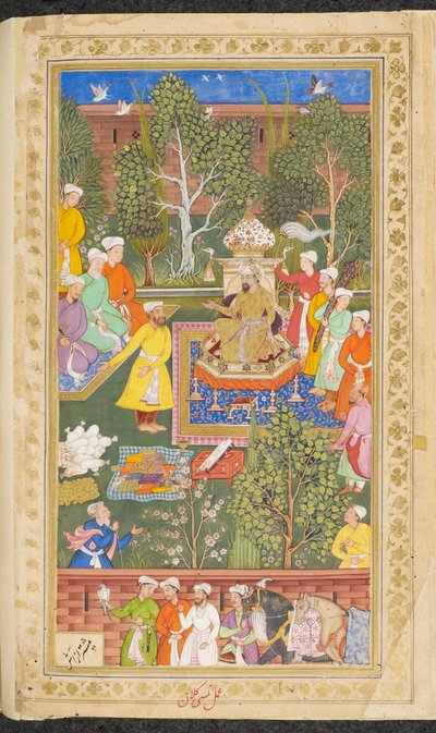 Or. 3714 Vol.4 fol.491v Een feest bijgewoond door Oezbeekse, Hindoe en Kizilbash-gezanten die geschenken en geld brachten aan Babur, uit 