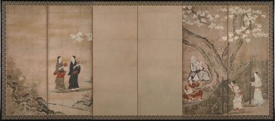 Feestviering onder aroniabloesems. Rechts van een paar zesdelige vouwschermen, 18e eeuw door Kano Isenin Naganobu
