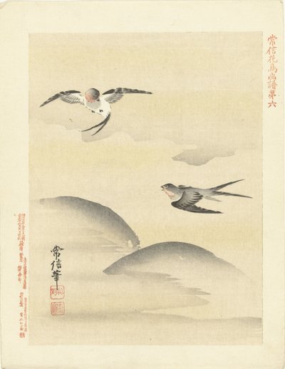Twee zwaluwen (Bloemen- en vogelschetsen van Kano Tsunenobu) door Kano Tsunenobu