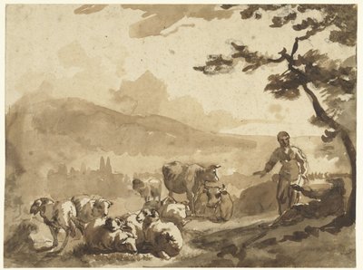 Berglandschap met herders bij hun kudde schapen en koeien door Karel Du Jardin