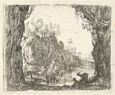 Landschap geflankeerd door bomen in de linker- en rechtervoorgrond, silhouetten van twee geiten door Karel Du Jardin