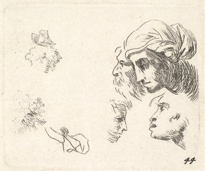 Studie van hoofden in profiel, een vrouw met hoofddoek en een bebaarde man wiens hoofden ..., ca. 1641-78 door Karel Du Jardin
