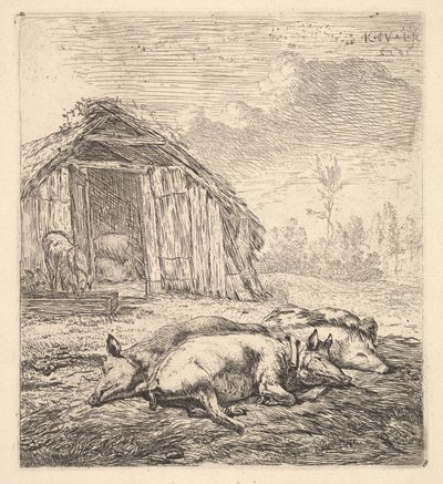 Drie Varkens die op hun Zij Liggen, een Varkensstal en Voederbak op de Achtergrond door Karel Du Jardin