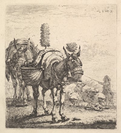 Twee muilezels met manden en uitgerust met oogkleppen, pluimen en kwasten, één muil..., ca. 1641-78 door Karel Du Jardin