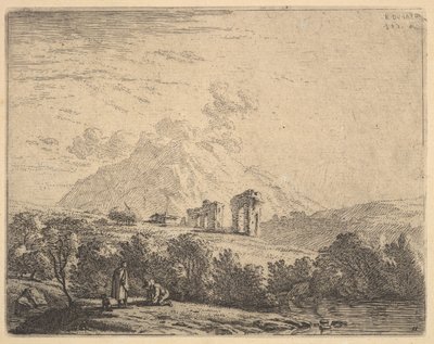 Uitzicht op heuvel met ruïnes, een aquaduct en bergtop daarachter, op de voorgrond een m..., 1658 door Karel Du Jardin