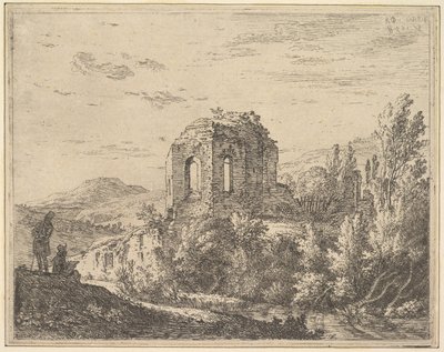 Zicht op ruïnes met de hoek van een gebouw met twee boogramen, in een landschap, 1658 door Karel Du Jardin