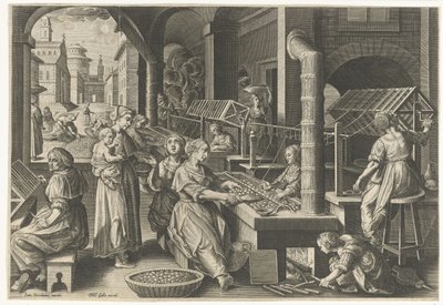 Haspelen van de zijde (Introductie van de zijderups en de zijdeproductie in Europa) (Vermis Sericus) door Karel van Mallery