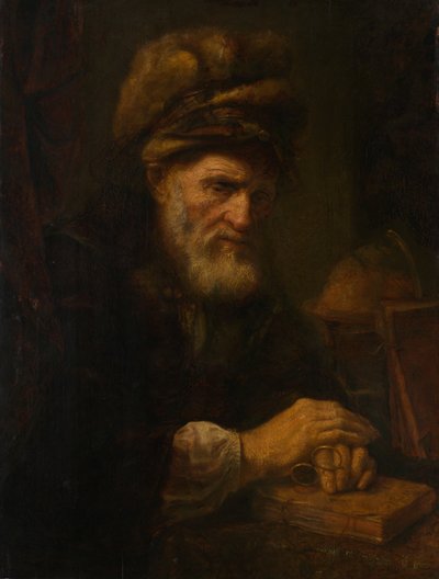 Een oude man met een bontmuts door Karel van der Pluym