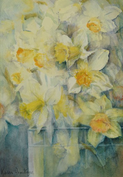 Lente, gemengde narcissen in tank nr. 3, mevrouw Krelage, Ice Follies en Fortune door Karen Armitage
