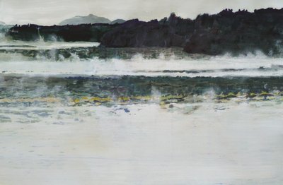 Landschap bij het mistige meer door Karin Bos
