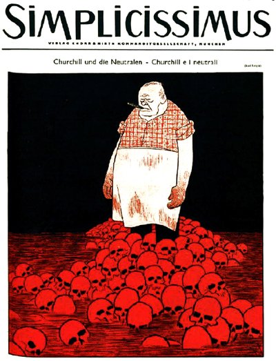 Omslag van Duits tijdschrift Simplicissimus (circa ) toont Churchill en een rivier van bloed en schedels. c.1940 (litho) door Karl Arnold