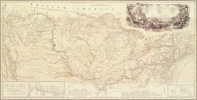 Kaart ter illustratie van de route van prins Maximiliaan van Wied in het binnenland van Noord-Amerika van Boston naar de Boven-Missouri door Karl Bodmer