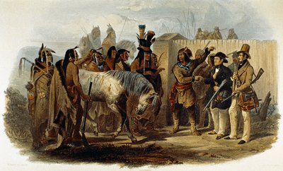 Prins Max von Wied-Neuwied (1782-1867) en Karl Bodmer worden begroet door de Hidatsa Indianen door Karl Bodmer