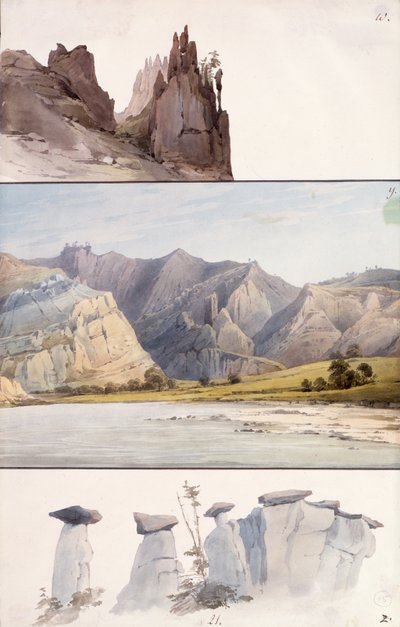 Rotsformaties aan de bovenloop van de Missouri door Karl Bodmer