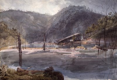 Gezicht op Mauch Chunk, Pennsylvania, met spoorlijn door Karl Bodmer
