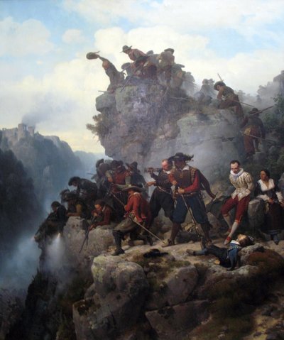 Schutters verdedigen een pas door Carl Friedrich Lessing