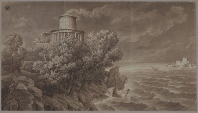 Rotsachtige zeekust met een vuurtoren in antieke stijl bij woelige zee door Karl Friedrich Schinkel
