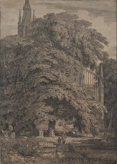 Gotische kerk tussen eiken door Karl Friedrich Schinkel