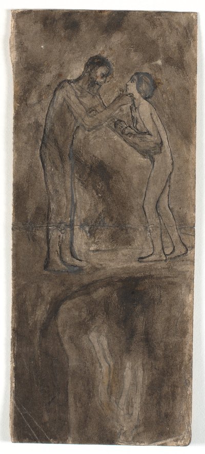 Compositieschets, naakte man en vrouw met kind. Onderaan, ondersteboven, naakte figuur door Karl Isakson