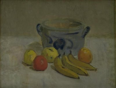 Stilleven met grijze pot, appels en bananen door Karl Isakson