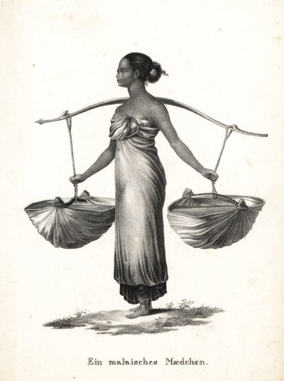 Maleis meisje met opgestoken haar draagt sneakers aan een juk. Lithografie door Karl Joseph Brodtmann uit Heinrich Rudolf Schinz