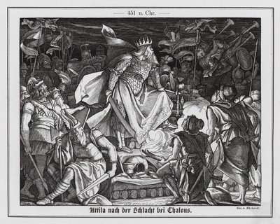 Attila de Hun na de Slag bij Chalons, 451 (gravure) door Karl Ludwig Adolf Ehrhardt