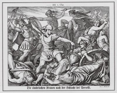 Cimbriaanse vrouwen vechten met Romeinse soldaten tijdens de Slag bij Vercellae door Karl Ludwig Adolf Ehrhardt