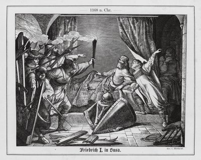 Hartmann van Siebenich vermomd als Frederik Barbarossa om de keizer te laten ontsnappen uit Susa, Italië door Karl Ludwig Adolf Ehrhardt