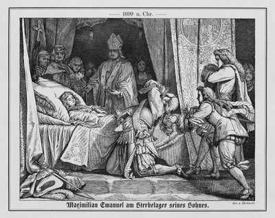 Maximiliaan II Emmanuel, keurvorst van Beieren, aan het sterfbed van zijn zoon door Karl Ludwig Adolf Ehrhardt