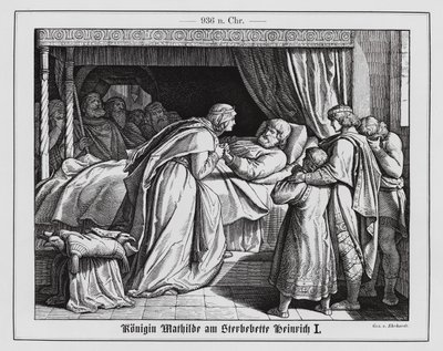 Koningin Matilda aan het sterfbed van koning Hendrik I van Oost-Frankrijk, 936 (gravure) door Karl Ludwig Adolf Ehrhardt
