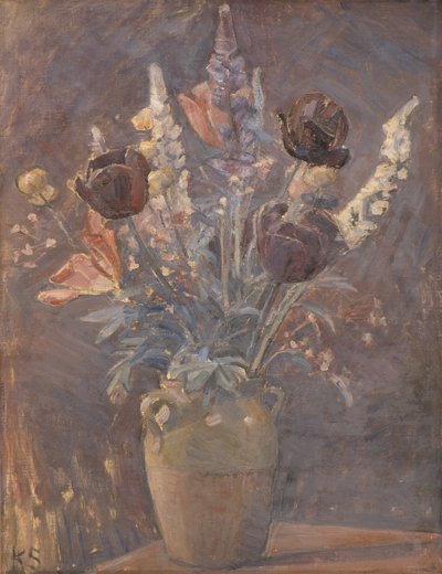 Aarden vaas met tulpen en andere bloemen door Karl Schou