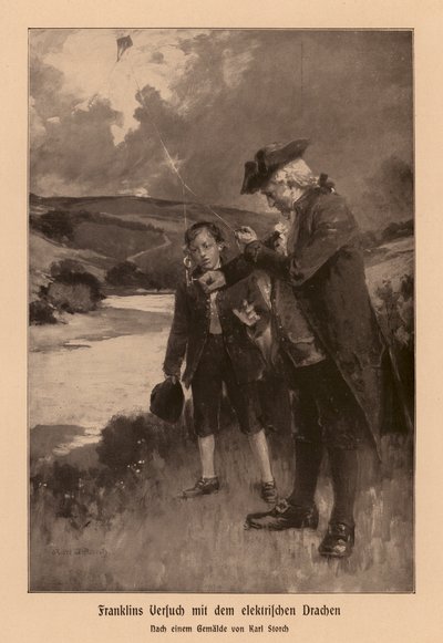 Benjamin Franklin onderzoekt bliksem (litho) door Karl Storch