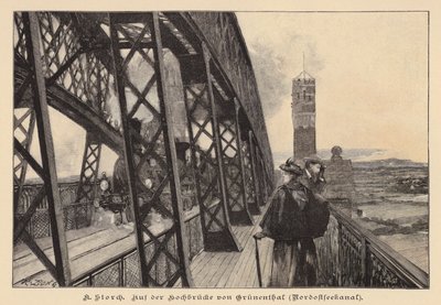 Op de Grunental-Hochbrücke over het Kieler-kanaal, Duitsland (gravure) door Karl Storch