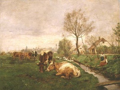 Landschap met koeien en een stroom door Karl Stuhlmuller