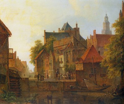 Gezicht op een stad met een smid aan het werk op een kade door Kaspar Karsen