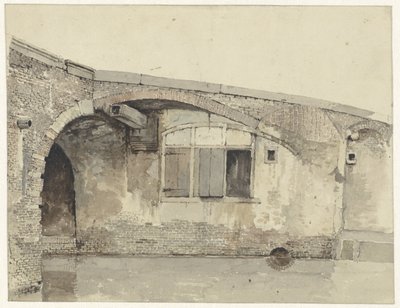 Oude brug met woning of keldersramen onder de kade door Kasparus Karsen