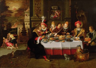 Lazarus en de tafel van de rijke man (uit Lucas XVI) (paneel) door Kasper or Gaspar van den Hoecke