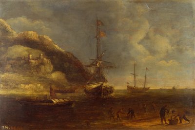 Kustzicht met schepen en vissers op de voorgrond door Kasper van Eyck