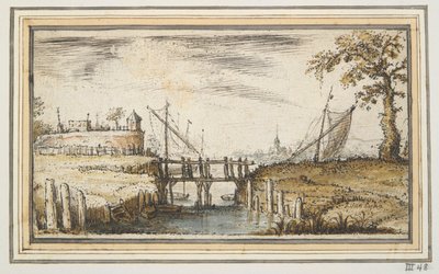 Voetbrug met bastion en schepen in de verte door Kasper van Eyck