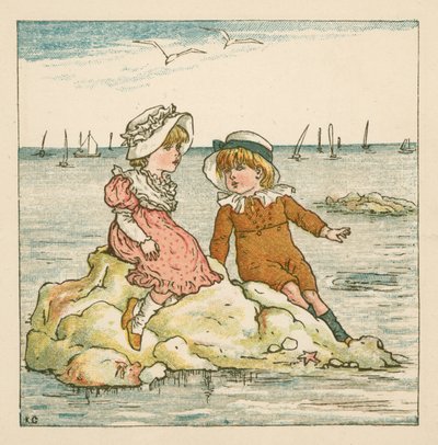 Jongen en meisje gestrand op een rots door Kate (after) Greenaway